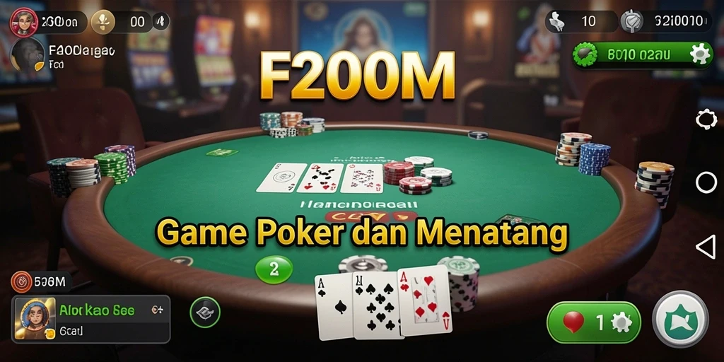 Screenshot gameplay F200M menunjukkan suasana meja poker yang menarik.
