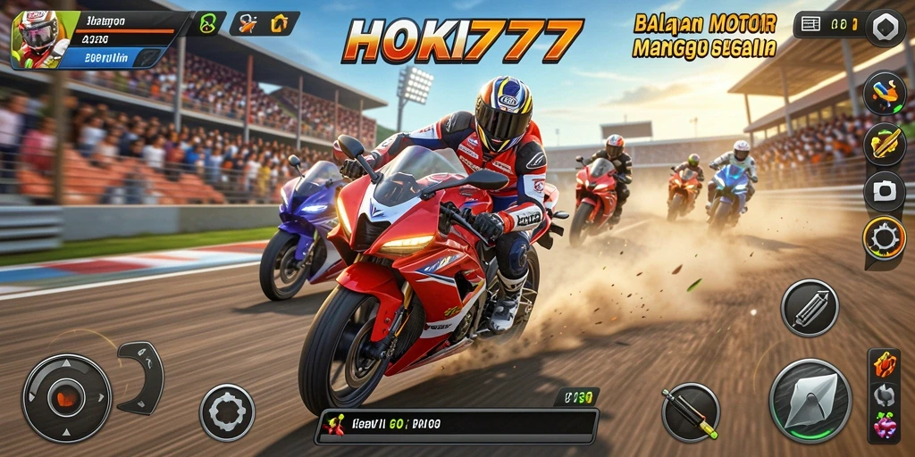 Gameplay HOKI777 yang penuh aksi dan seru saat balapan motor.